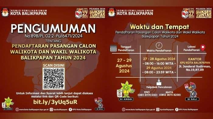 KPU Kota Balikpapan mengumumkan Waktu dan Tempat Pendaftaran pasangan calon walikota dan wakil walikota Balikpapan telah di buka pada hari Sabtu, 24 Agustus 2024. Foto: BorneoFlash/IST