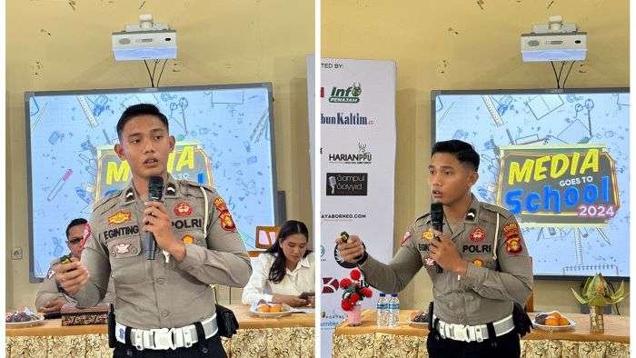 Bripda Fath Aidi Auliya Ginting saat menyampaikan sosialisasi safety riding pada kegiatan Media Goes to School 2024 di SMK 4 Kecamatan Waru, Kabupaten PPU, Selasa (24/9/2024). Foto: BorneoFlash/Ist