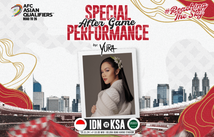 Penyanyi Yura Yunita untuk memeriahkan suasana pasca pertandingan Timnas Indonesia melawan Arab Saudi di Stadion Utama Gelora Bung Karno (GBK), Jakarta, pada Selasa (19/11/2024). Foto: HO/pssi.org