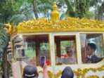 Pasangan pengantin, Cindara Rahmad dengan Abdurahman menggunakan kereta kencana berornamen emas menuju lokasi pesta pernikahan yang berlangsung di Balikpapan Sport Convention Center (BSCC)/DOME, pada hari Sabtu (14/12/2024). Foto: BorneoFlash/Niken Sulastri