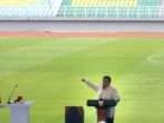 Presiden Prabowo Subianto menyampaikan saat meresmikan Stadion Gelora Delta Sidoarjo, Jawa Timur, Senin (17/3). (Umarul Faruq/rwa)