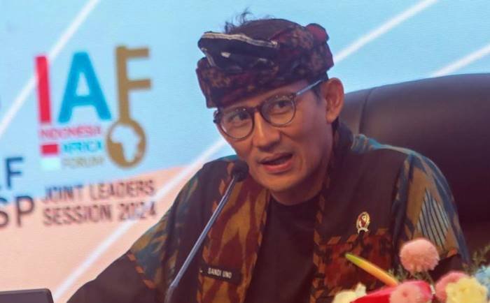 Foto: Menteri Pariwisata dan Ekonomi Kreatif (Menparekraf), Sandiaga S. Uno saat konferensi pers di Bali Nusa Dua Convention Center (BNDCC), Nusa Dua, Bali, Selasa (3/9/2024). (Faisal Rahman)