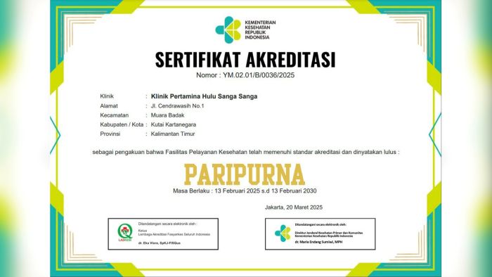 Sertifikat Akreditasi Paripurna klinik PHSS. Foto: HO/PHSS