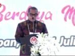 Ketua Panitia HUT ke-45 Dekranas, H. Muhaimin saat memberikan sambutan pada acara syukuran HUT ke 45 Dekranas, di Balikpapan Sport and Convention Center (BSCC)/DOME, pada hari Rabu (9/7/2025). Foto: BorneoFlash/Niken Sulastri