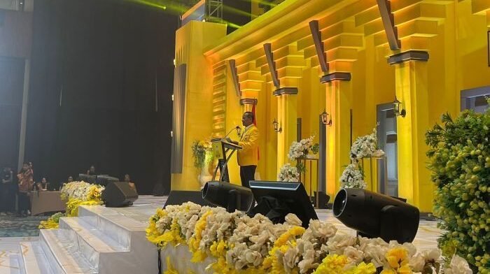 Ketua Umum DPP Partai Golkar Bahlil Lahadalia di Acara Musda XI Partai Golkar Kalimantan Timur yang digelar di Samarinda, pada Sabtu (19/7/2025). Foto: BorneoFlash/Nur Ainunnisa
