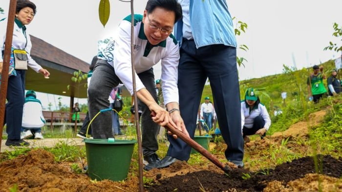 Chairperson of the Council of University Presidents of Thailand (CUPT), Wilert Puriwat hampir menyelesaikan proses penanaman. Foto: HO/Humas Otorita IKN