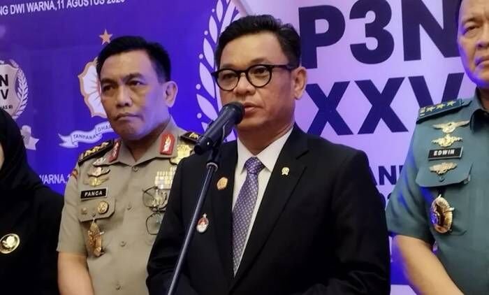 Gubernur Lemhannas Ace Hasan Syadzily saat konferensi pers di Gedung Lemhannas, Jakarta, Senin (11/8/2025). FOTO: ANTARA/Bagus Ahmad Rizaldi