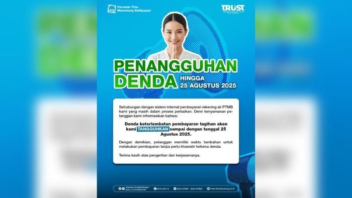 PTMB mengumumkan penangguhan sementara denda pembayaran rekening air hingga 25 Agustus 2025. Foto: HO/PTMB