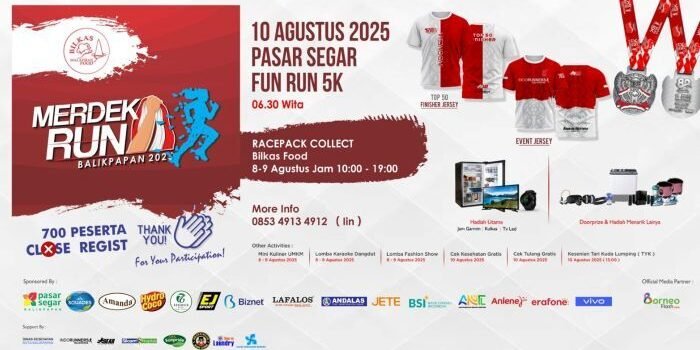 Panitia Merdeka Run 2025 mengimbau kepada peserta untuk mengambil BIB & Jersey (bagi yang memesan) dilakukan pada 8–9 Agustus 2025 pukul 10.00–19.00 WITA di @bilkasfood_bpn. Foto: IST/Merdeka Run 2025