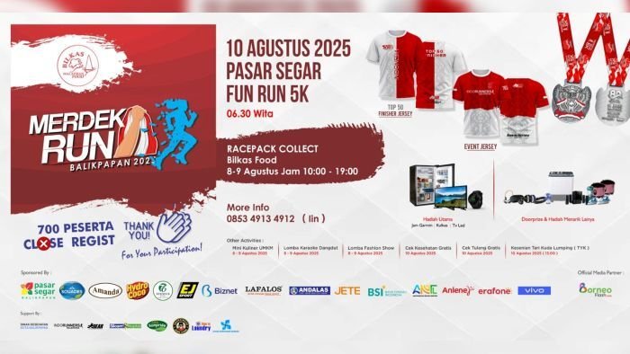 Panitia Merdeka Run 2025 mengimbau kepada peserta untuk mengambil BIB & Jersey (bagi yang memesan) dilakukan pada 8–9 Agustus 2025 pukul 10.00–19.00 WITA di @bilkasfood_bpn. Foto: IST/Merdeka Run 2025
