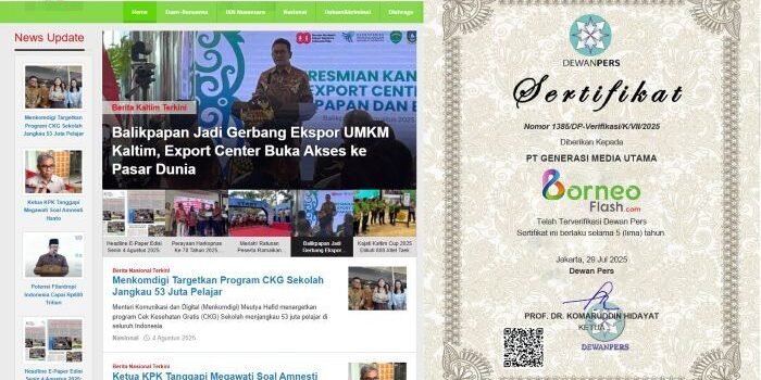 Sertifikat verifikasi BorneoFlash.com ditandatangani langsung oleh Ketua Dewan Pers, Prof. Dr. Komaruddin Hidayat, dan diterbitkan di Jakarta pada 29 Juli 2025.
