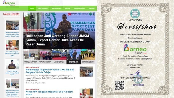 Sertifikat verifikasi BorneoFlash.com ditandatangani langsung oleh Ketua Dewan Pers, Prof. Dr. Komaruddin Hidayat, dan diterbitkan di Jakarta pada 29 Juli 2025.
