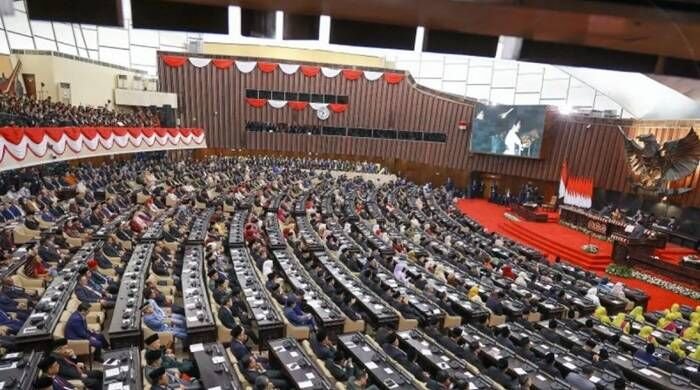 Suasana saat Presiden Prabowo Subianto menyampaikan pidato dalam Sidang Tahunan MPR RI dan Sidang Bersama DPR-DPD RI Tahun 2025 di Gedung Nusantara, Kompleks Parlemen, Jakarta, Jumat (15/8/2025). FOTO : ANTARA FOTO/Dhemas Reviyanto/app