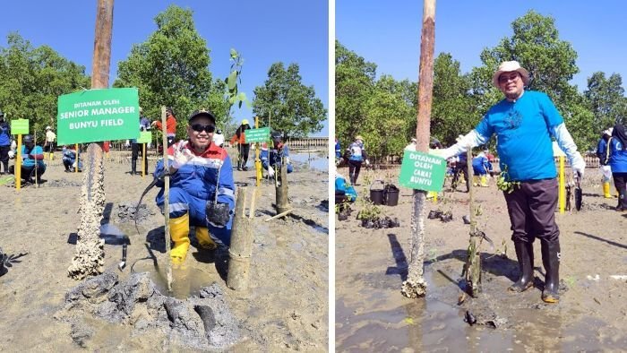 Senior Manager PEP Bunyu Field, Despredi Akbar dan Plt Camat Bunyu, Jaenudin Saat penanaman bibit mangrove di Dermaga Cinta, Desa Bunyu Barat, Kecamatan Bunyu, Kabupaten Bulungan, Provinsi Kalimantan Utara. Foto: HO/PEP Bunyu Field