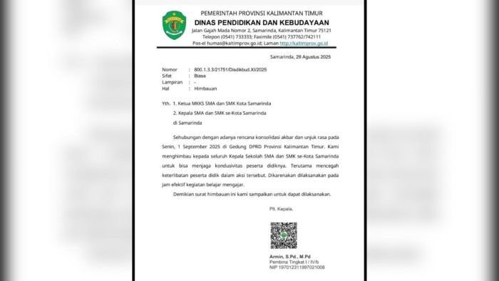 Surat edaran yang dikeluarkan Disdikbud melarang siswa SMA/SMK ikut Aksi. Foto: BorneoFlash/Ist