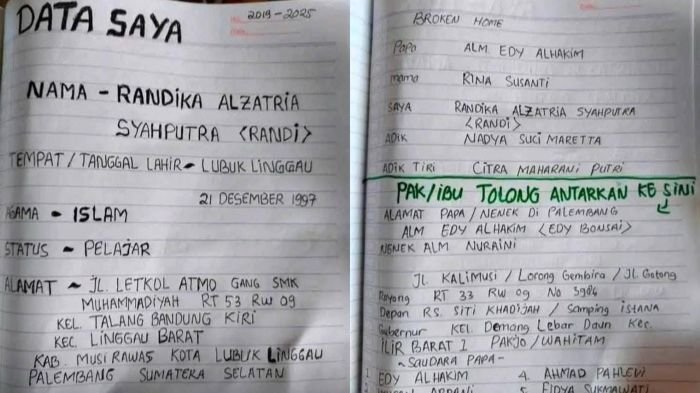Catatan Tangan Randika Alzatria Syahputra atau akrab disapa Randi yang ditemukan. Foto: SC Instagram