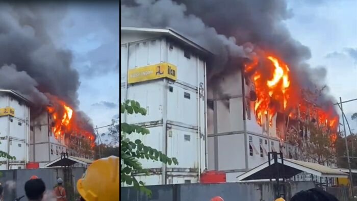 Hunian Pekerja Konstruksi 1 Tower 14 IKN terbakar, pada Rabu (1/10/2025). Foto: tangkapan layar video