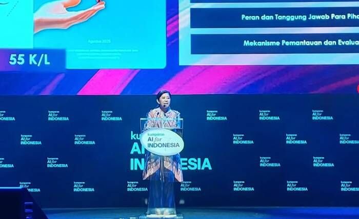 Menteri Komunikasi dan Digital Meutya Hafid dalam sambutannya di acara Kumparan AI for Indonesia di Jakarta, Kamis (23/10/2025). FOTO : ANTARA/Fitra Ashari. Menteri Komunikasi dan Digital Meutya Hafid dalam sambutannya di acara Kumparan AI for Indonesia di Jakarta, Kamis (23/10/2025). FOTO : ANTARA/Fitra Ashari.