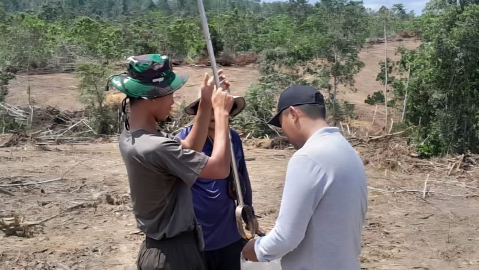 Kodam VI/Mulawarman bersama tim dari Badan Perakitan dan Modernisasi Pertanian (BRMP) melaksanakan kegiatan pemeriksaan kondisi tanah di lahan seluas 1.400 hektare milik Brigif 85/BTC, pada Senin (03/11/2025). Foto: HO/Pendam VI/Mlw