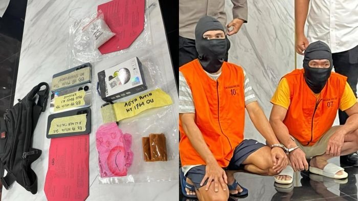 Dua tersangka beserta barang bukti yang diamankan Polsek Sungai Pinang. Foto: BorneoFlash/Nur Ainunnisa