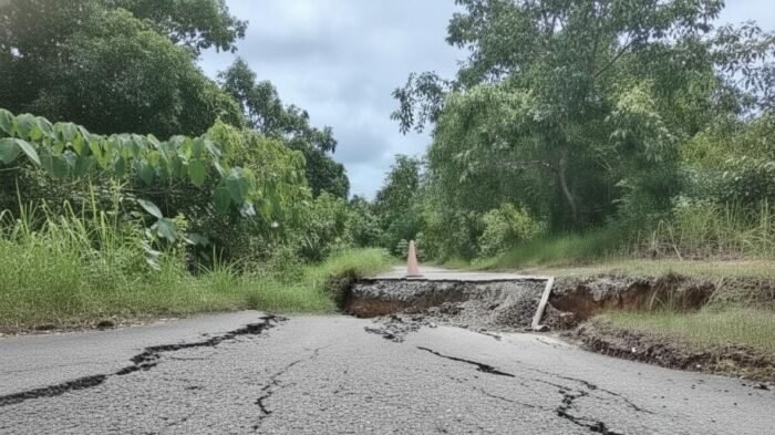 Jalan ambles di Samboja Kukar, akses warga terhenti. Foto: BorneoFlash/Ist