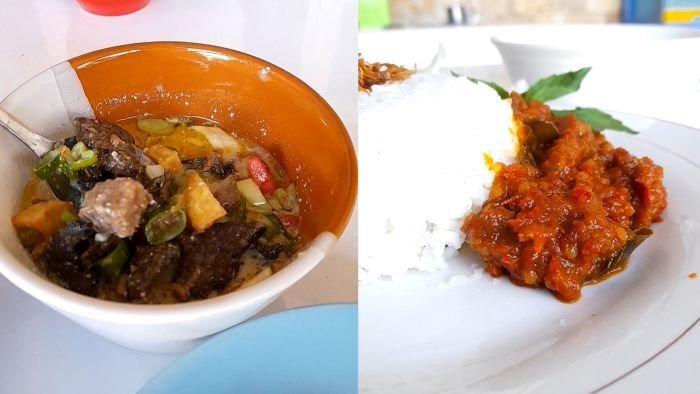 Hidangan Soto Betawi dan Daging Oseng Mercon di Warung Teras Teh Mia. Foto: BorneoFlash/Ardian.
