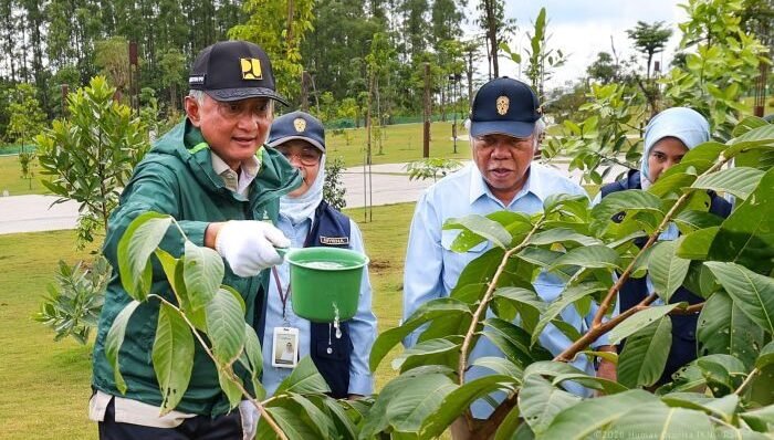 Menteri Pekerjaan Umum (PU) Dody Hanggodo Bersama Kepala Otorita IKN Basuki Basuki Hadimuljono Saat melakukan penanaman pohon di Plaza Bhineka Tunggal Ika, Rabu (14/01/2025). Foto: HO/Humas Otorita IKN