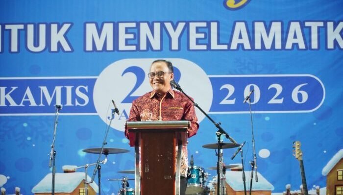 Wakil Wali Kota Balikpapan, H. Bagus Susetyo, saat menghadiri Perayaan Natal BAMAGNAS di Balikpapan Sport and Convention Center (BSCC)/Dome, pada Kamis Malam (22/1/2026). Foto: BorneoFlash/Niken Sulastri