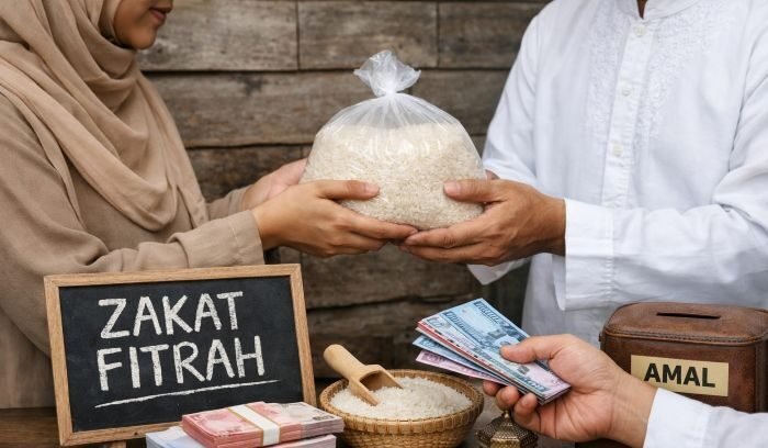 Ilustrasi masyarakat menunaikan zakat fitrah