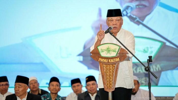 Kepala Otorita IKN, Basuki Hadimuljono saat memberikan sambutan dalam peringatan Hari Lahir ke-100 NU yang berlangsung di Kantor Kemenko 3, KIPP IKN, Sabtu (31/01/2026). Foto: HO/Humas Otorita IKN