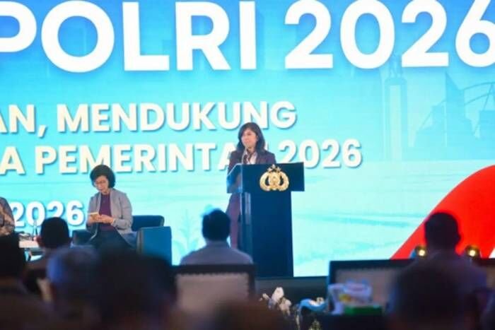 Menkomdigi Meutya Hafid menjadi pembicara dalam Rapat Pimpinan Polri 2026 di Taman Mini Indonesia Indah (TMII), Jakarta Timur, Rabu (11/02/2026). FOTO: ANTARA/HO-Kementerian Komunikasi dan Digital