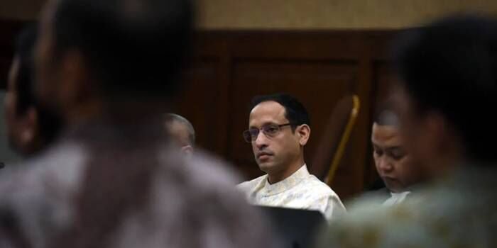 Terdakwa kasus dugaan korupsi pengadaan laptop Chromebook dalam program digitalisasi pendidikan di Kemendikbudristek Nadiem Makarim. FOTO: ANTARA/Indrianto Eko Suwarso/YU