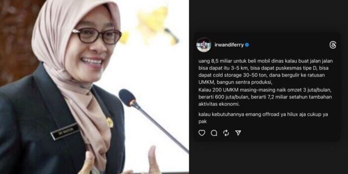 Sekretaris Daerah Provinsi Kalimantan Timur, Sri Wahyuni dan Tangkapan layar dari akun Instagram milik influencer Ferry Irwandi terkait Polemik pengadaan kendaraan dinas baru bagi Gubernur Kalimantan Timur senilai Rp8,5 miliar. Foto: Kolase/BorneoFlash.com