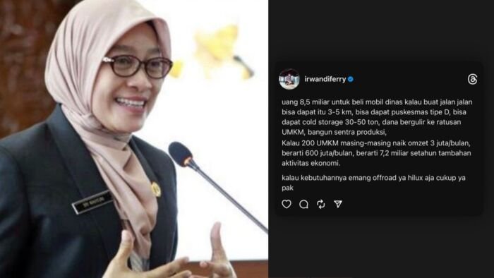 Sekretaris Daerah Provinsi Kalimantan Timur, Sri Wahyuni dan Tangkapan layar dari akun Instagram milik influencer Ferry Irwandi terkait Polemik pengadaan kendaraan dinas baru bagi Gubernur Kalimantan Timur senilai Rp8,5 miliar. Foto: Kolase/BorneoFlash.com