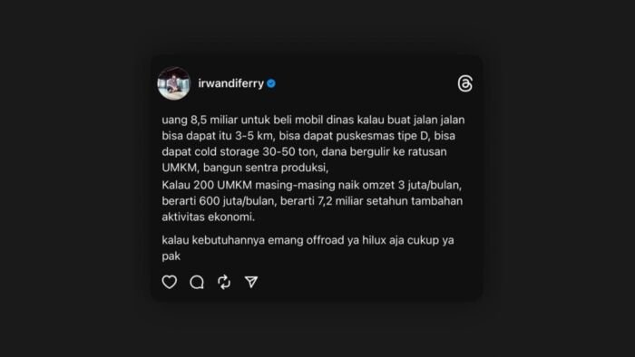 Tangkapan layar respon dari akun Instagram milik influencer Ferry Irwandi turut mengomentari pengadaan mobil dinas baru Gubernur Kaltim, Rudi Mas'ud. Foto: Tangkapan layar akun IG Ferry Irwandi