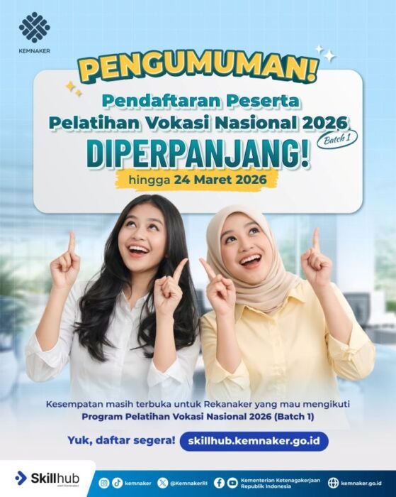 Kemnaker memperpanjang pendaftaran Program Pelatihan Vokasi Nasional Tahun 2026 Batch 1 hingga 24 Maret 2026. Foto: HO/Biro Humas Kemnaker
