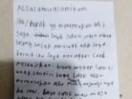 Surat dengan tulisan tangan seorang bernama Zidan (12) yang meninggalkan adiknya di Jalan Pejaten Raya RT 01/02, Pasar Minggu, Jakarta Selatan usai ibunya meninggal pasca melahirkan, Jakarta Selatan, Selasa (3/3/2026). Foto: BorneoFlash/ANTARA/HO-Polsek Pasar Minggu.