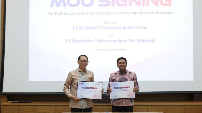 Andrijanto Muljono, Director & Chief Enterprise Strategic Relationship Officer XLSMART dan Agus Winarno, Direktur Bisnis Mitratel usai penandatanganan Nota Kesepahaman (MoU) kemitraan strategis XLSMART for Business dengan Mitratel di Jakarta (22/1). Foto: HO/XLSMART